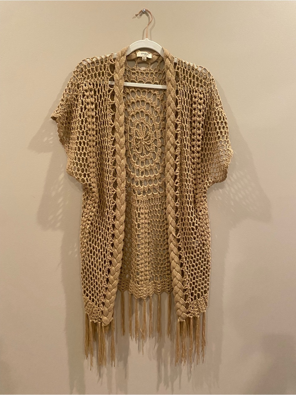 Umgee Beige Crochet Fringe Open-Front Vest. Medium.